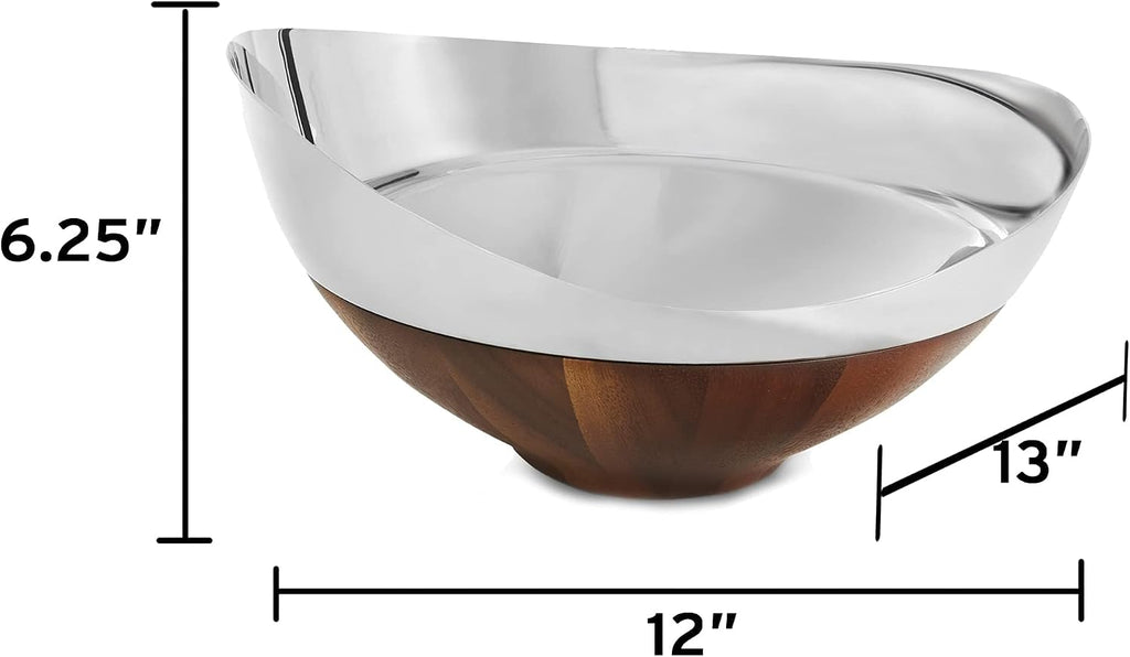 Nambé Pulse Salad Bowl with Servers, Magnetic Wood Base for Easy Cleanup, 12' x 13' Stainless Steel Bowl with 11.5' Servers, Modern Serveware for Kitchen, Dining & Parties