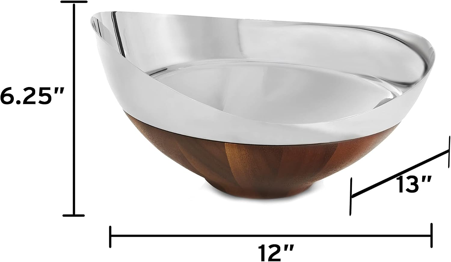 Nambé Pulse Salad Bowl with Servers, Magnetic Wood Base for Easy Cleanup, 12' x 13' Stainless Steel Bowl with 11.5' Servers, Modern Serveware for Kitchen, Dining & Parties