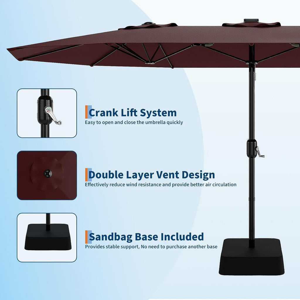 Garvee 15FT Rectangular Outdoor Umbrella Patio Umbrella with Base Included Large Market Umbrellas with Crank Handle UV Protection Table Umbrellas for Outdoor, Backyard, Deck, Poolside, Burgundy