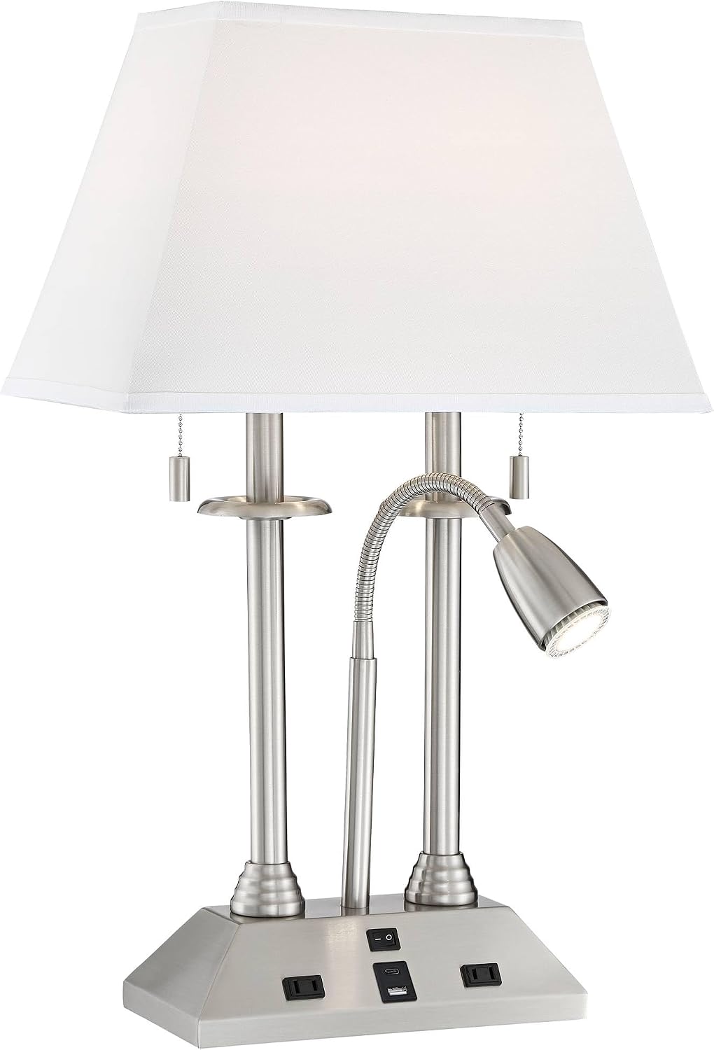 Possini Euro Design Dexter 26' High Modern Table Lamp with USB Charging Ports A+C and AC Power Outlet in Base Brushed Nickel LED Reading Light White Linen Shade Bedroom Living Room House Desk