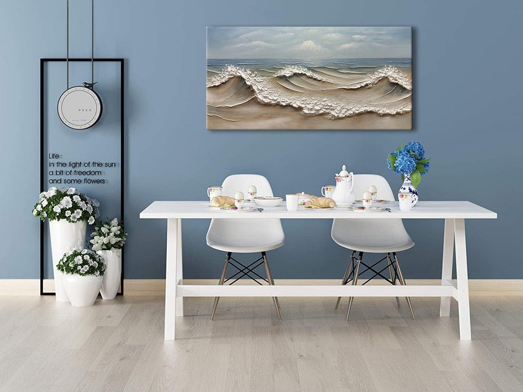zoinart Blue Ocean Wave Oil Painting on Canvas Impasto Textured Painting Serene Canvas Wall Art Living Room Wall Decor Contemporary Art 24' x 48'