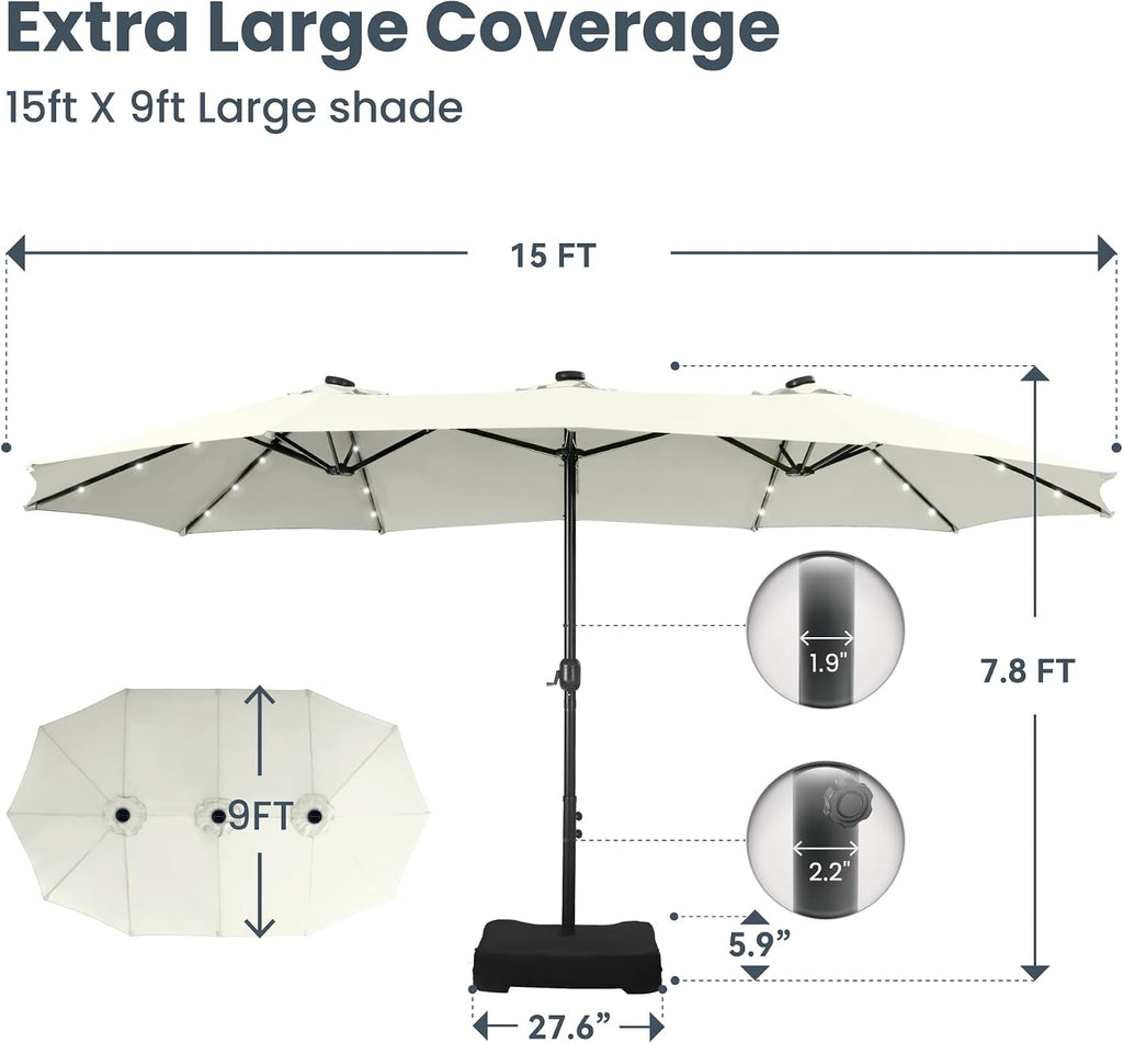 PHI VILLA 15ft Large Patio Umbrella with Solar Lights, Double-Sided Outdoor Market Rectangle Umbrellas with 36 LED Lights, Umbrella Base (Stand) Included, Ivory