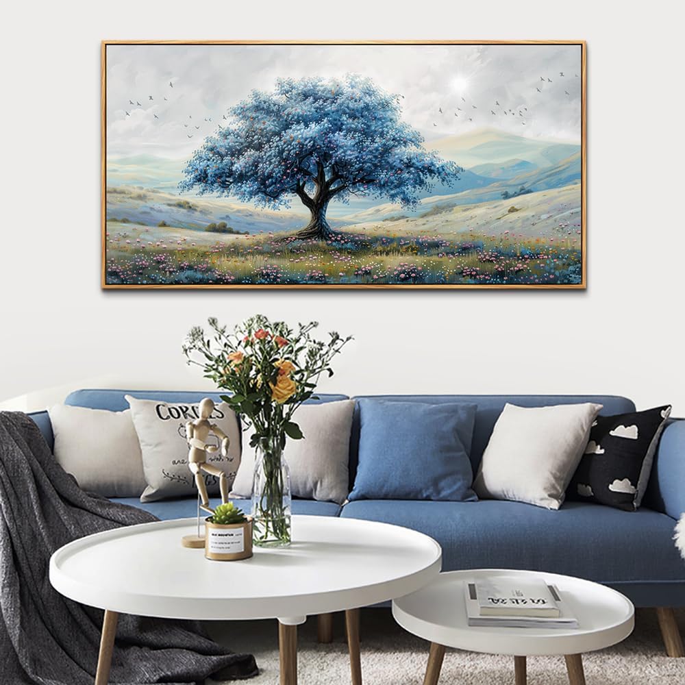 ZUITINGHUA Wood Framed Canvas Wall Art For Living Room Large Wall Decor For Office Bedroom Decorations Blue Tree Landscape Pictures Farmhouse Paintings Artwork Wall Mural Modern Home Decor 30x60 In
