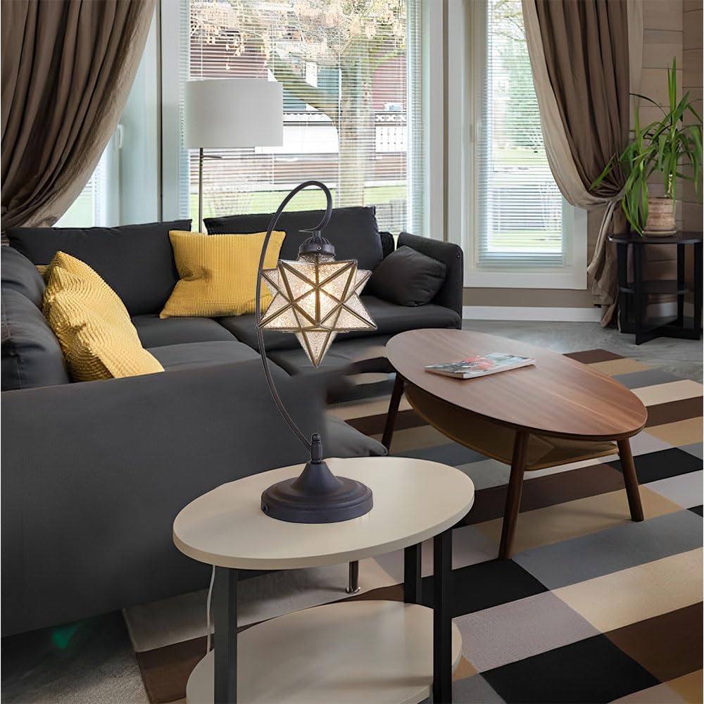 Glass Desk Lamps, Plug in Black Desk Lamp Fixture Retro Library Table Lamp with Pull Chain, Mid-Century Glass Star Lights for Office Study Room Bedroom Living Room
