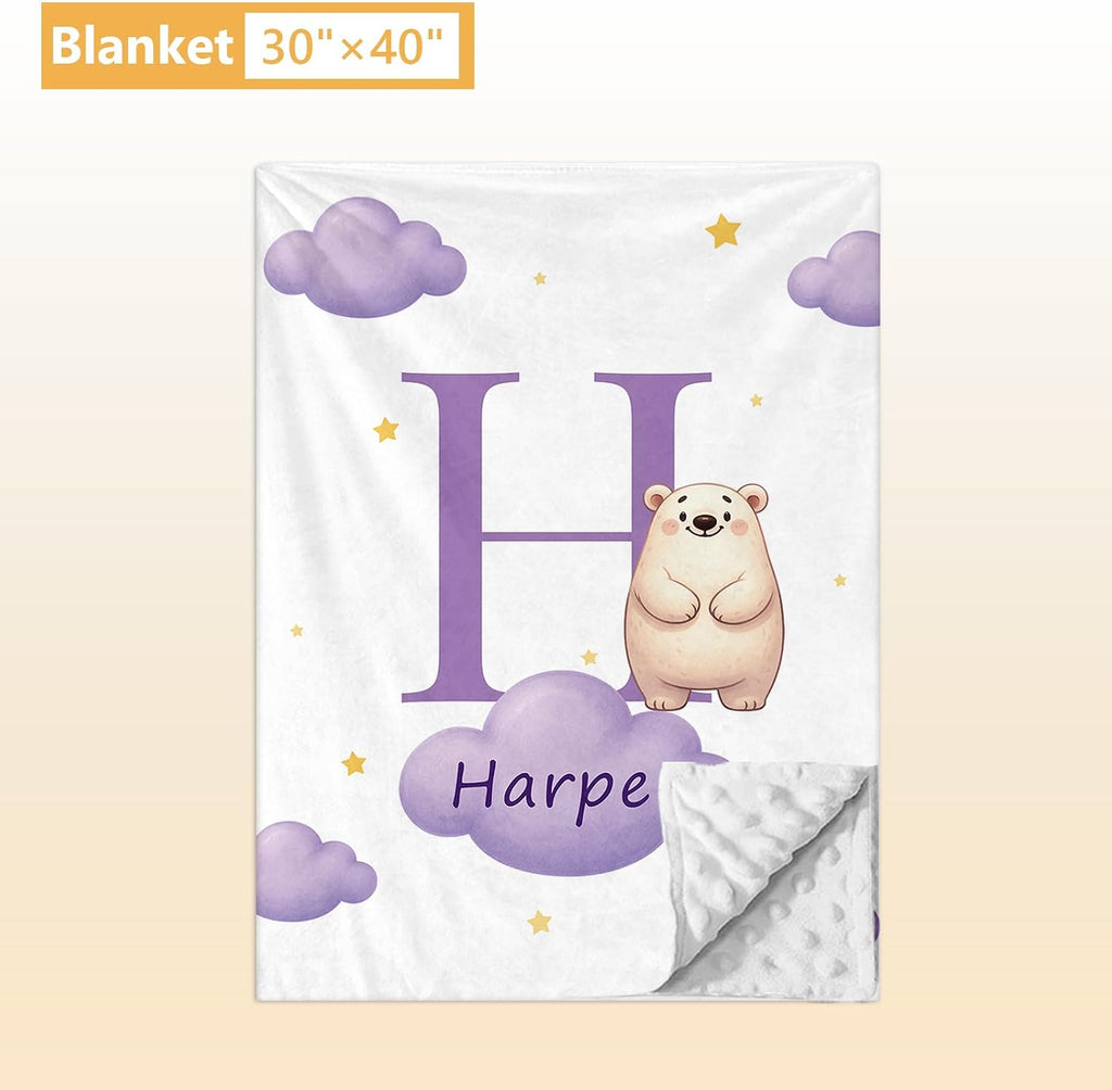 Terwex Custom Crib Bedding Set, 5 Pcs Personalized Nursery Bedding Sets with Name, Infant Bedding Set for Baby Girl Boy, Purple Polar Bear Double Layer Baby Crib Set, Toddlers Babies Customized Gifts
