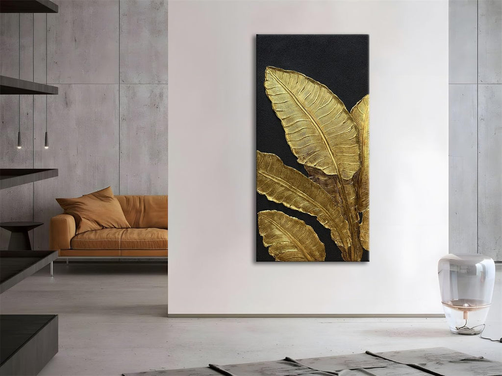 Slyart 100% Hand-Painted 3D Black and Gold Textured Wall Art, Modern Gold Banana Leaf Oil Paintings on Canvas Wall Decor