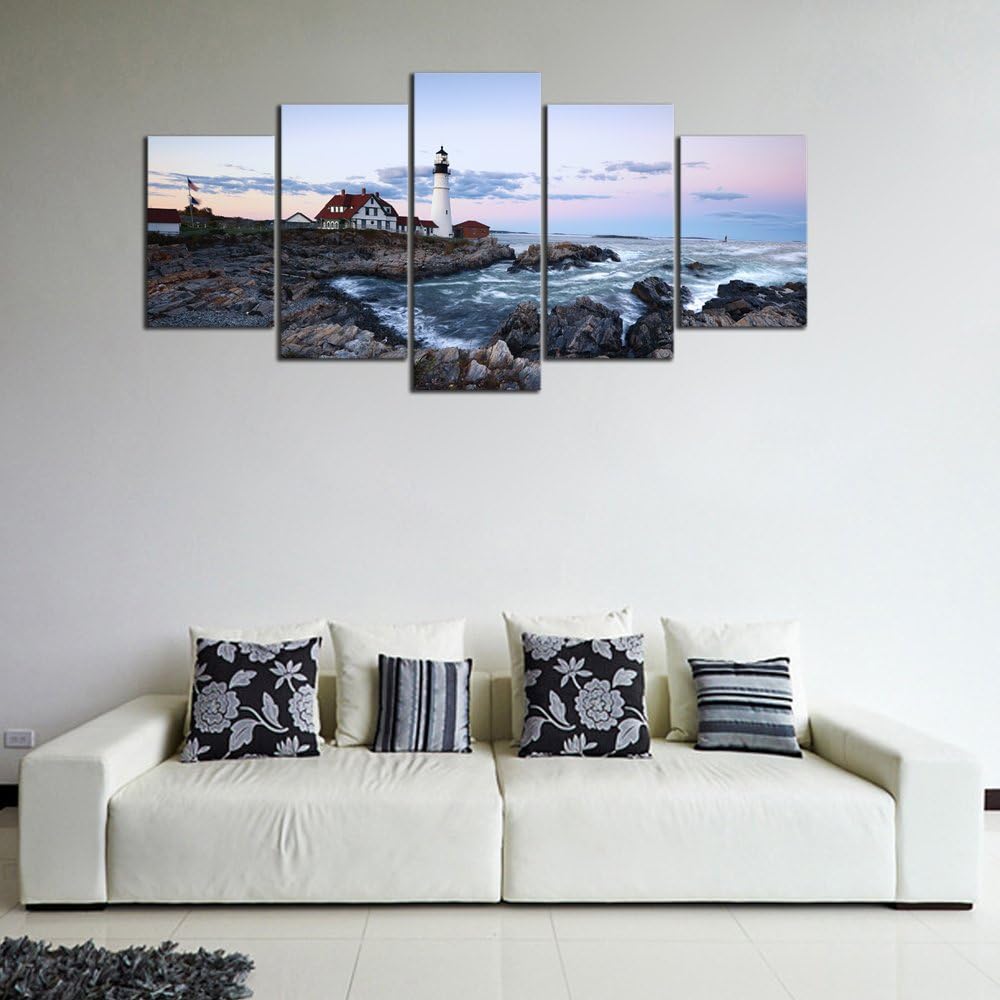 Wieco Art Portland Lighthouse 5 Piece Seascape Canvas Paintings Wall Art Extra Large Modern Ocean Sea Beach Giclee Canvas Prints Artwork Pictures Home Office Decoration for Living Room Bedroom XL
