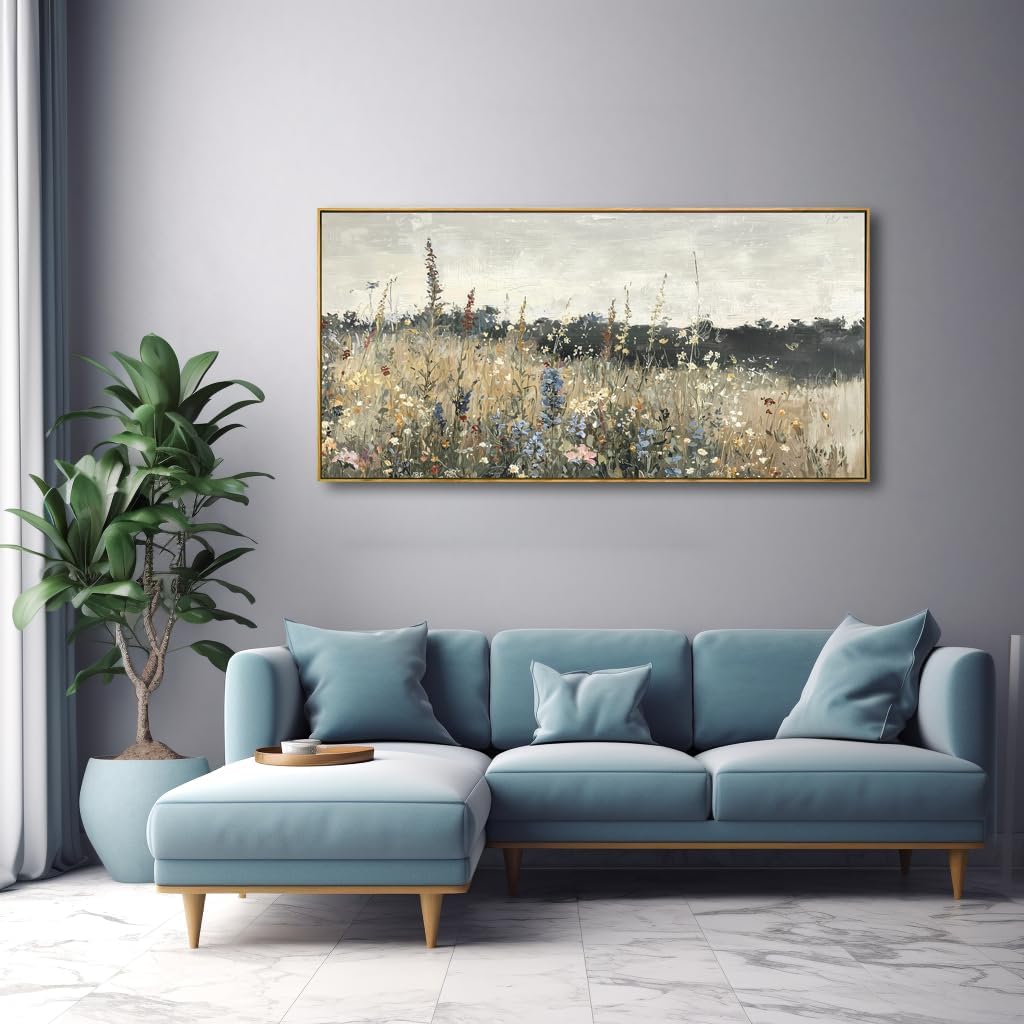 Solid wood Framed Canvas Wall Art Vintage Decor, Classical Oil Painting Canvas Prints Champ fleuri Vintage 29'X58'Wall Art for Home Room Bathroom Decor