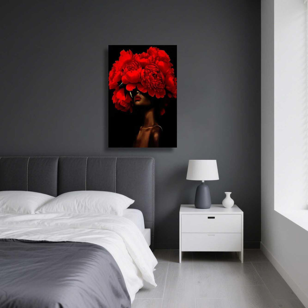 ZSHARTSWD African American Canvas Wall Art Black Woman with Flowers on Head Picture Abstract Black Girl Painting Prints for Girls Room Bathroom Decor Framed (Red, 42L x 28W)