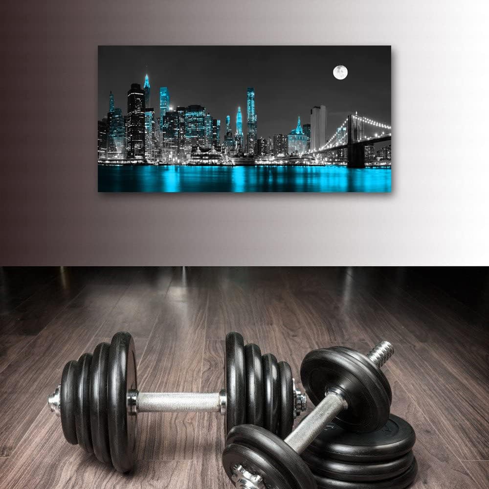 Jiuqinghua Wall Art Decor Canvas Print Picture 1 Panel Black White and Blue New York Brooklyn Bridge Cityscape Night Building Painting for Kitchen Office Home Decor Framed Ready to Hang 30x60inch