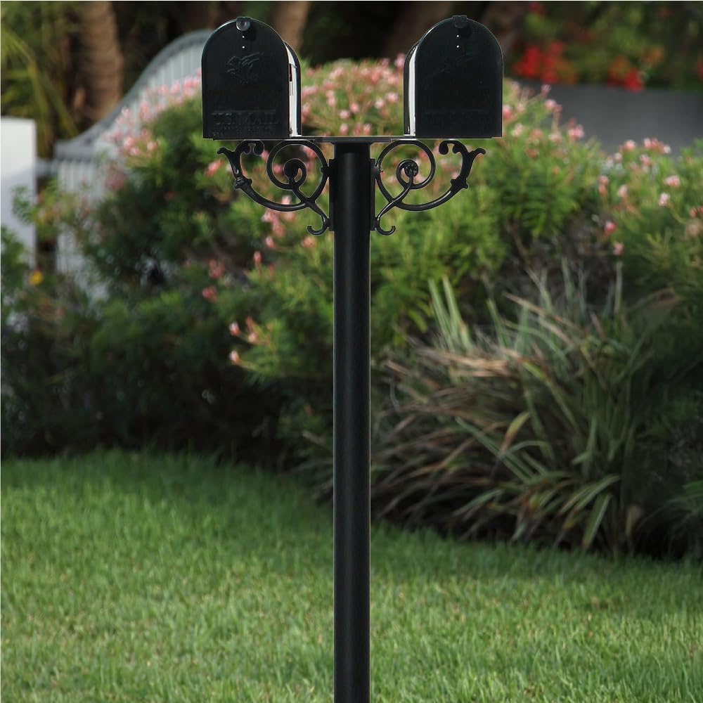 The Hanford Cast Aluminum Twin Mailbox Post System with 2 Economy Mailboxes, Mounting Brackets and Scroll Supports, Ships in 2 boxes
