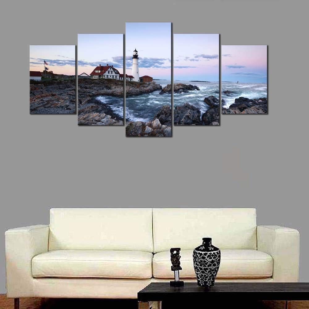 Wieco Art Portland Lighthouse 5 Piece Seascape Canvas Paintings Wall Art Extra Large Modern Ocean Sea Beach Giclee Canvas Prints Artwork Pictures Home Office Decoration for Living Room Bedroom XL