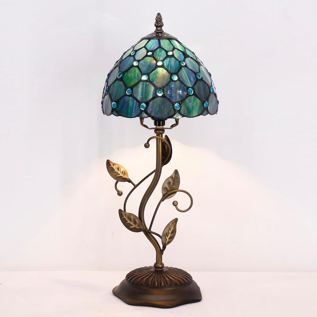 Small Tiffany Lamp Sea Blue Pearl Style Stained Glass Table Lamp Metal Leaf Accent Desk Memory Lamp Sympathy 8X20 Inch