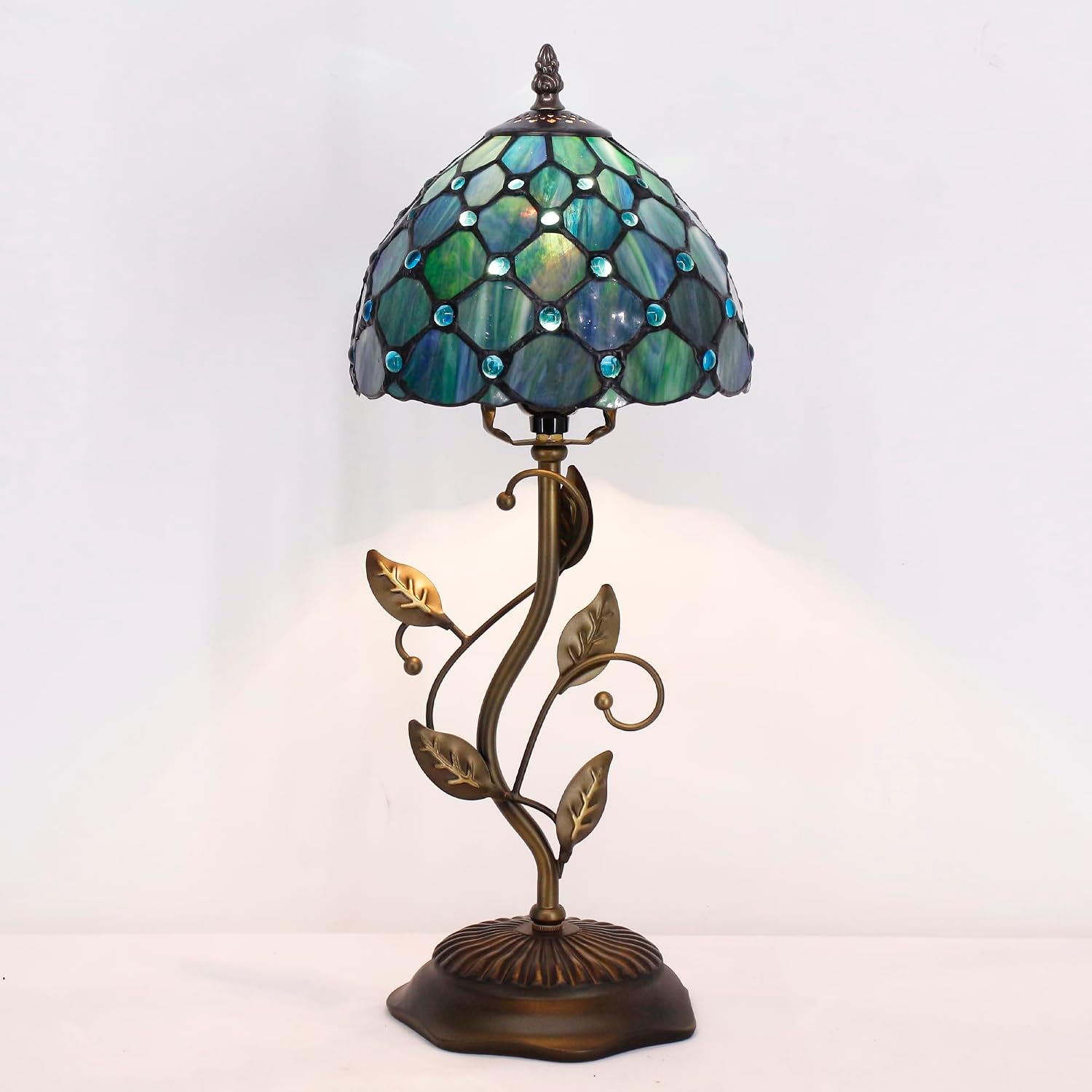 Small Tiffany Lamp Sea Blue Pearl Style Stained Glass Table Lamp Metal Leaf Accent Desk Memory Lamp Sympathy 8X20 Inch