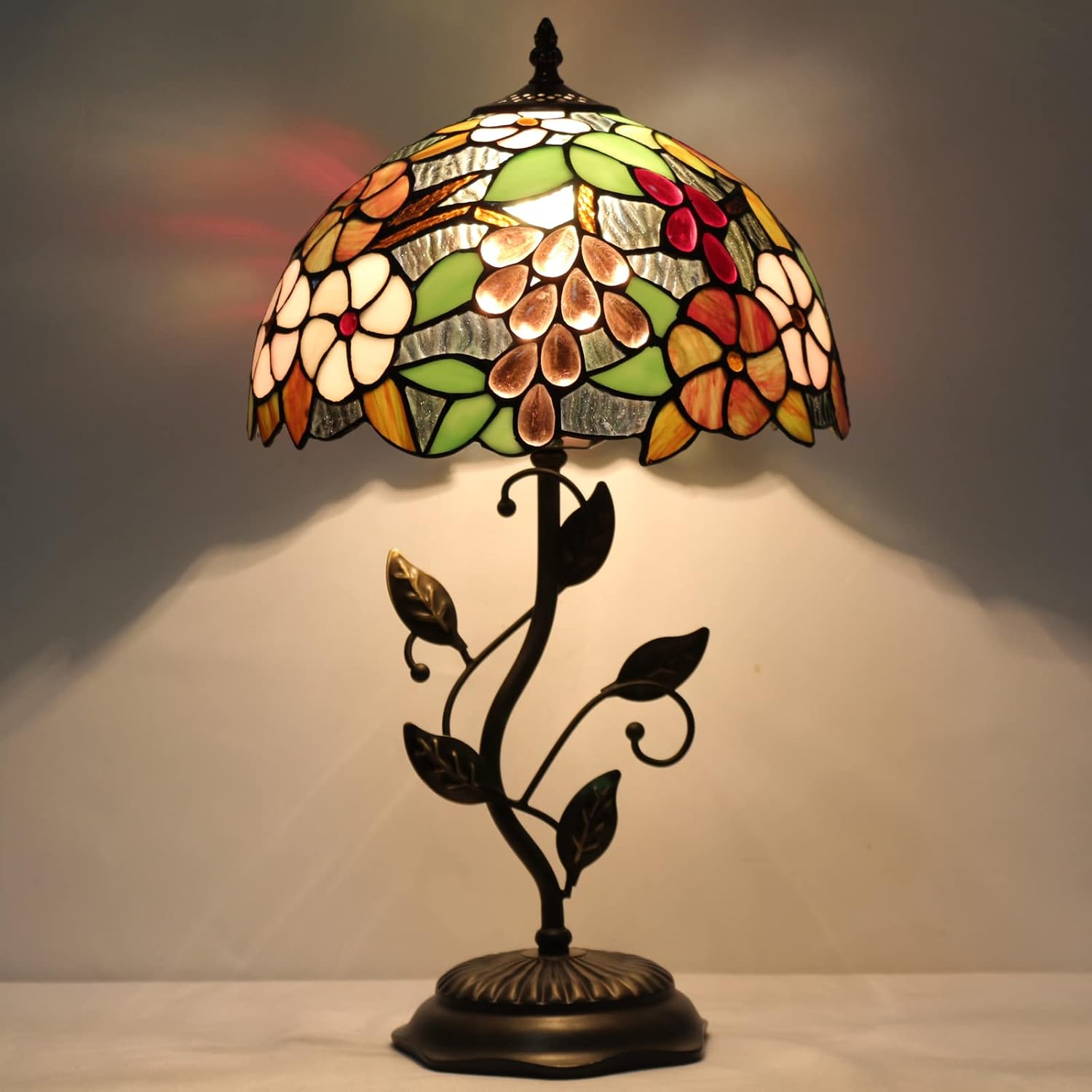 Tiffany Lamp Purple Grape Style Stained Glass Table Lamp Desk Bedside Reading Light 12X12X19 Inches with Metal Leaf Base Decor Bedroom Living Room