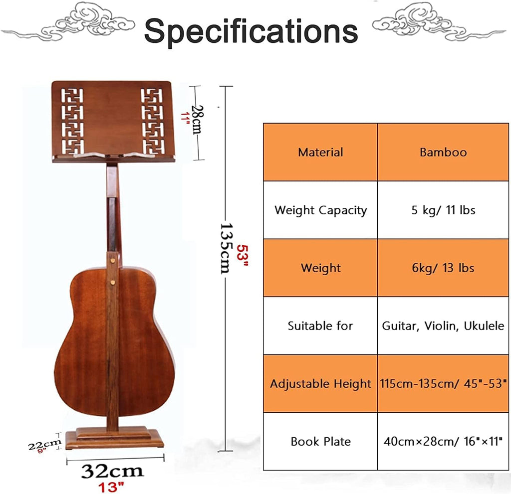 Music Stand Music Stands Heavy Wooden Music Holder 45'-53' Height Adjustable Sheet Music Stands with Guitar Holder Vintage Style More Stable
