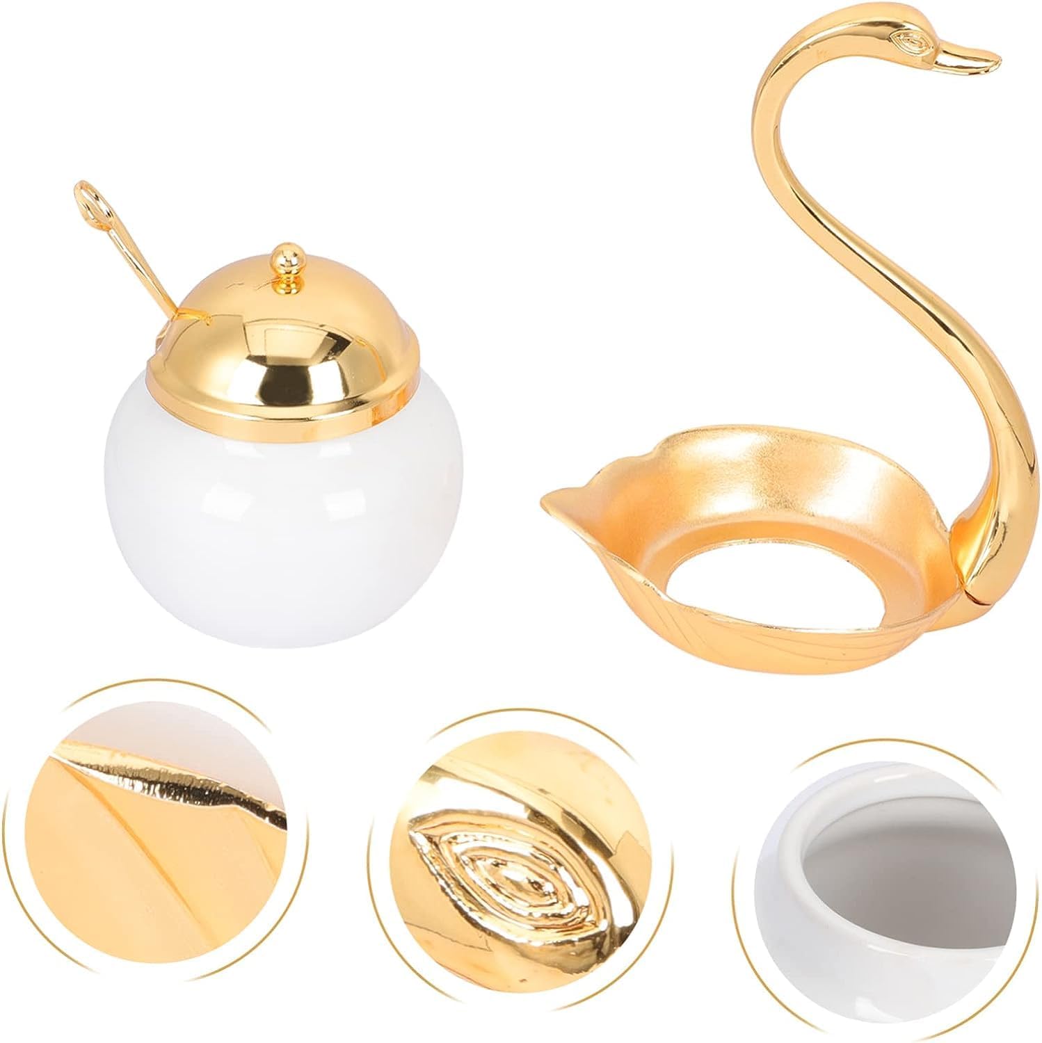 Seasoning box, Spice Jar Set Swan Condiment Container Set With Lid Spoon Metal Ceramic Sugar Bowl Seasoning Box Set Kitchen Condiment Pot Condiment Jar Spice ( Color : G ( Color : Gold , Size : 3pcs )