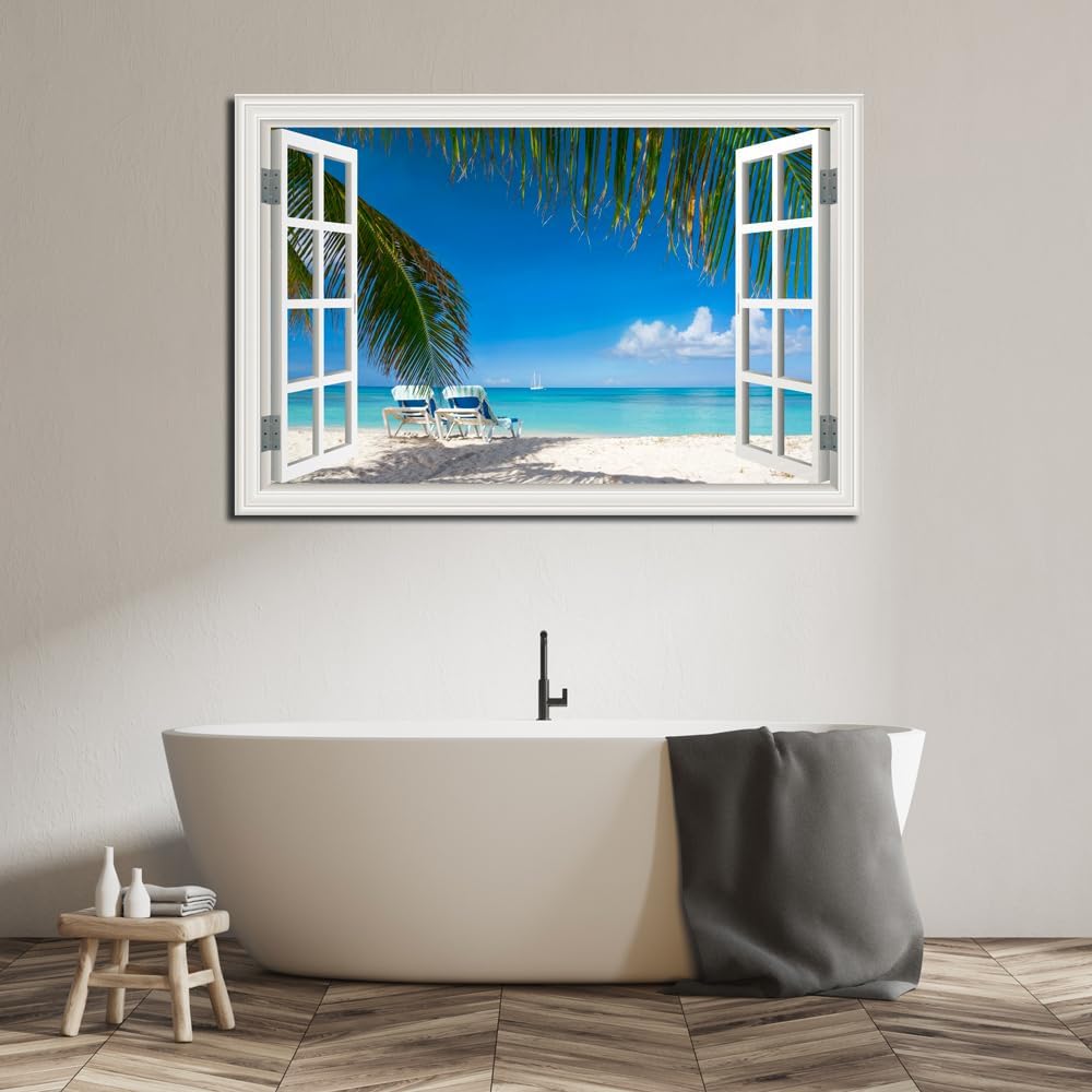 Ocean Wall Art Decor for Living Room Large Beach Canvas Picture for Wall Window Frame Style Palm Tree Artwork Coastal Art Print for Bedroom Blue Seascape Painting for Homen Office decoration, Ready to