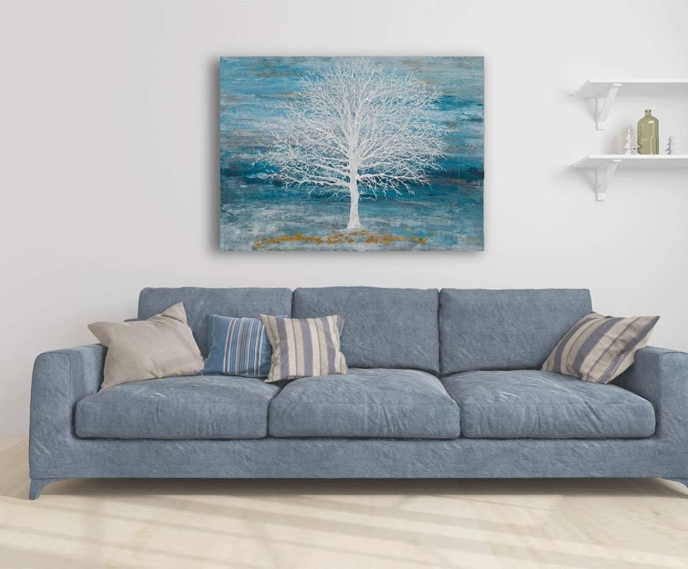 Yihui Arts Canvas Art Wall Decor, White Birch Trees Landscape Picture Painting, Modern Nature Teal Artwork Prints, Large Size Framed for Home Decor