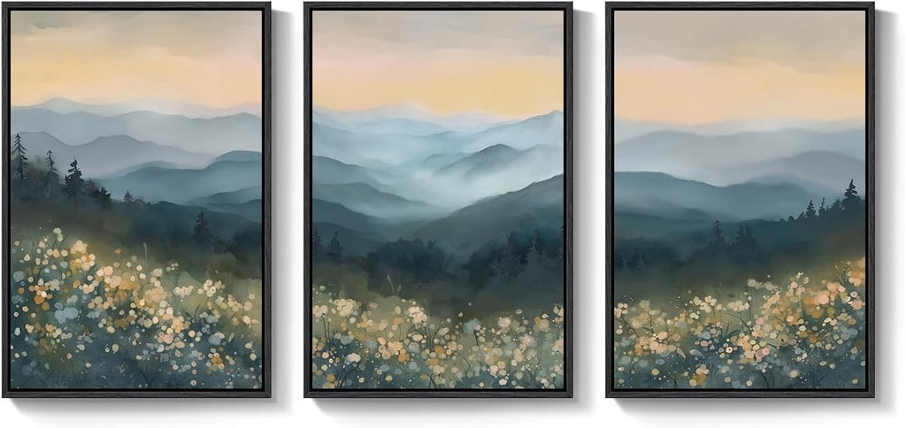 Framed Mountain Landscape Wall Art for Living Room, Large Watercolor Wildflower Scenic Artwork for Walls, 3 Piece Boho Foggy Nature Aesthetic Canvas Painting Print for Bedroom Office Kitchen, 24x36 In