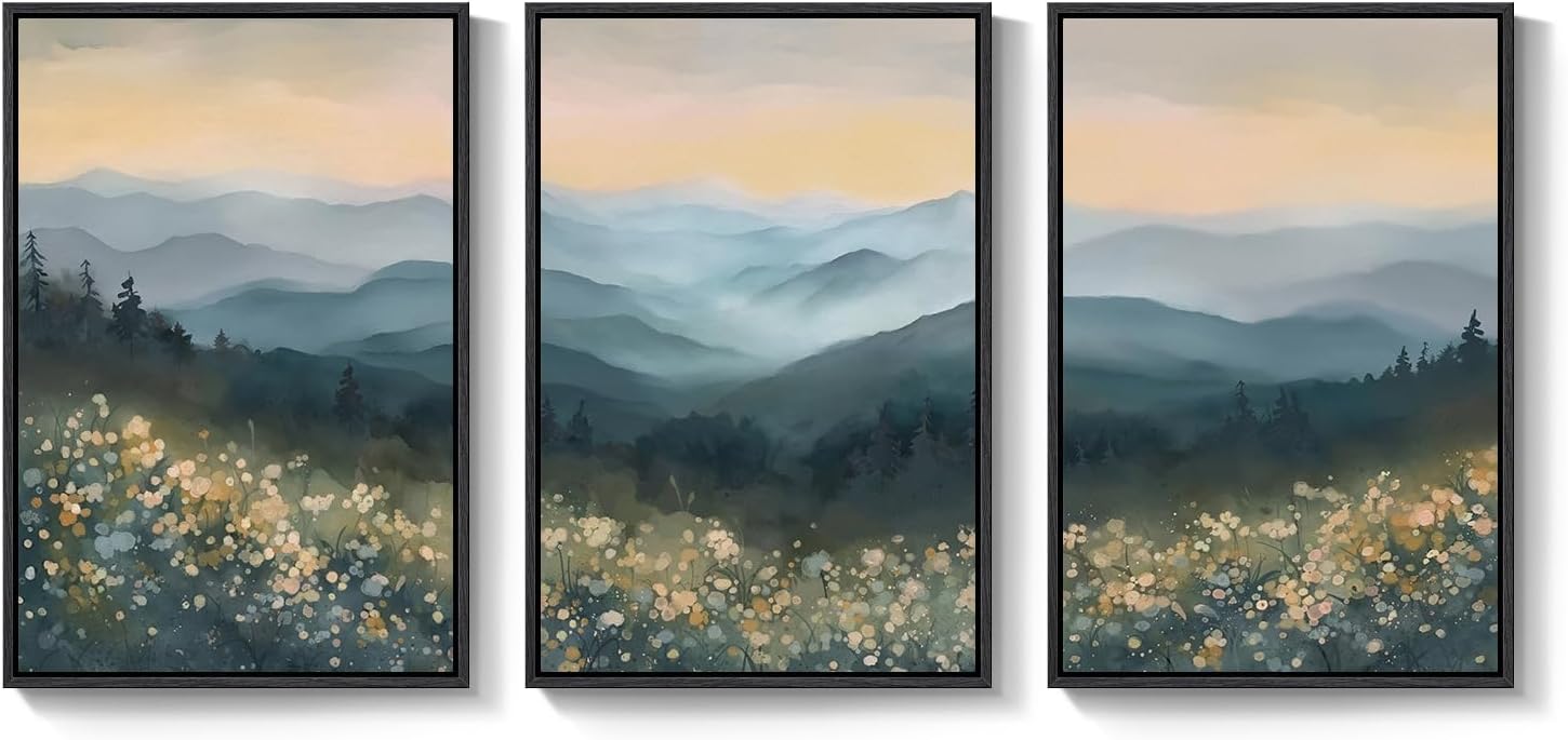 Framed Mountain Landscape Wall Art for Living Room, Large Watercolor Wildflower Scenic Artwork for Walls, 3 Piece Boho Foggy Nature Aesthetic Canvas Painting Print for Bedroom Office Kitchen, 24x36 In