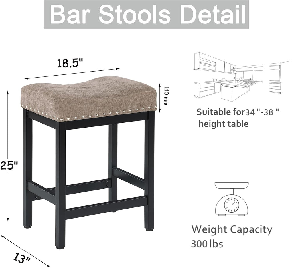 OUllUO Bar Stools Set of 2, 25 Inches Counter Height Bar Stools, Taupe Fabric Saddle Seat Bar Stools with Nailhead, Black Metal Kitchen Barstools for Kitchen Counter, 918P-FBDR