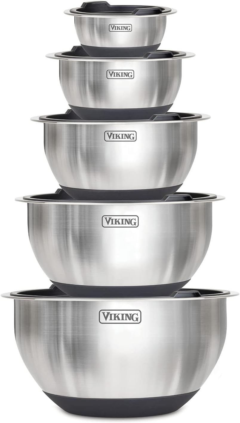 VIKING Stainless Steel Mixing Bowl Set, 10 piece, Includes Airtight Lids, Dishwasher Safe & Hammered Stainless Steel Utensil Holder