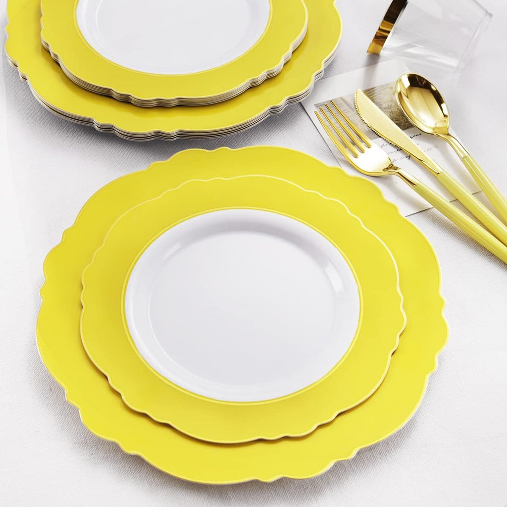 WDF 150pieces Yellow Disposable Dinnerware Hign-end Baroque Design - Sturdy&Durable Baroque Yellow Sunshine&Gold Plastic Dinnerware for Upscale Wedding & Thanksgiving Parties (Pack of 2)
