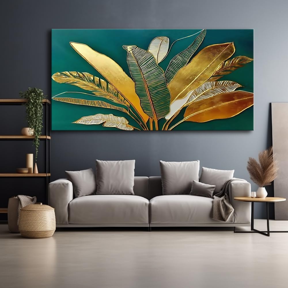 IDAFU Green Leaf Wall Art, Green and Gold Leaves Wall Painting, Emerald Green Tropical Botanical Décor Canvas Prints, Abstract Sage Boho Painting for Office Home Décor, Ready to Hang 60L x 30W