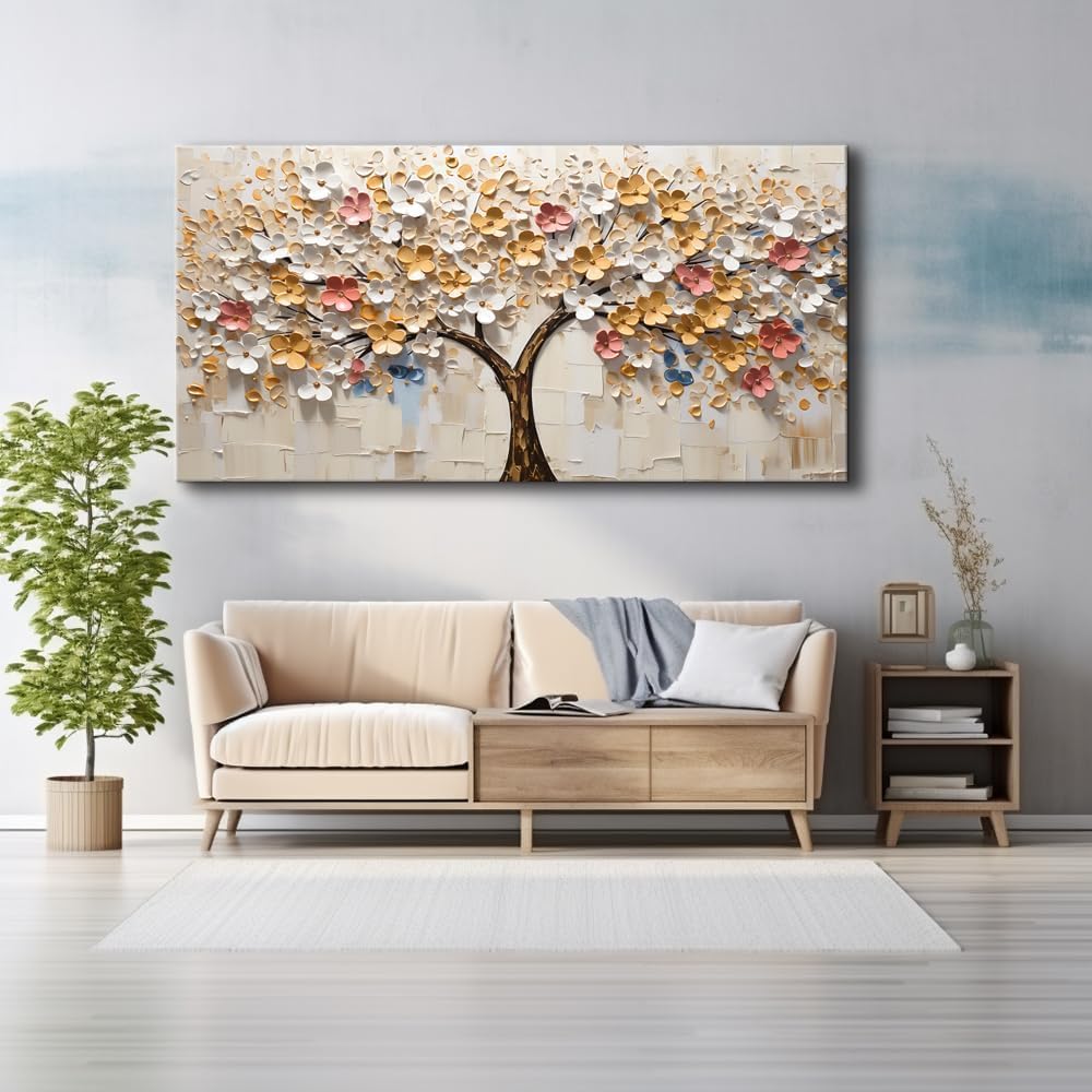 LASMOND Abstract Wall Art Teal Nature Tree of Life Canvas Painting Picture, Modern Large Panoramic Landscape Artwork Framed for Bedroom Living Room Bathroom Office Home Decor (30x60 Inches)