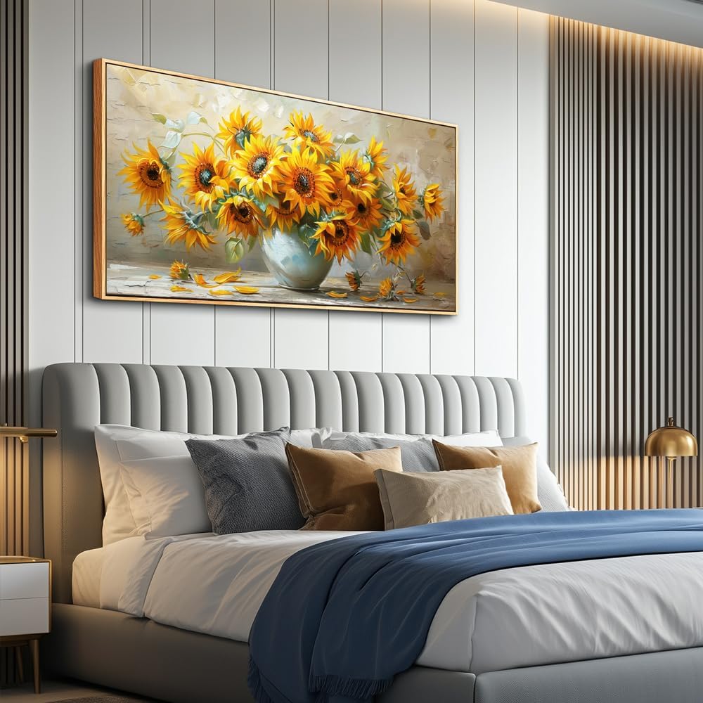 PHAOHUAXM Large Canvas Wall Decor For Living Room Wall Art Vintage Printing Yellow Flower Paintings Dining Room Bedroom Bathroom Kitchen Wall Painting Home Decor Wood Frame Ready To Hang 24x48 In