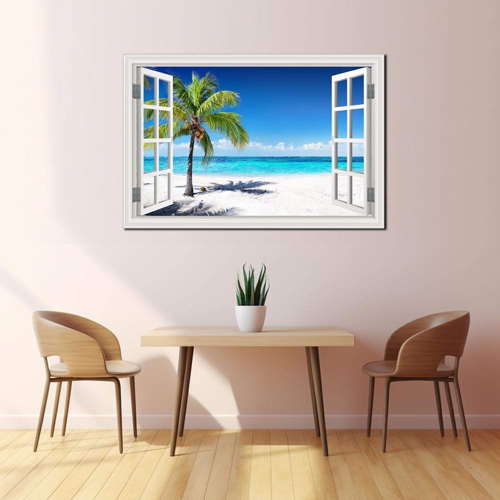 Ocean Wall Art Beach Picture for Living Room White Window Frame Style Palm Tree Art Print on Canvas Large Blue Sea View Painting Artwork for Bedroom Home Office Decoration, Ready to Hang(32'×48')