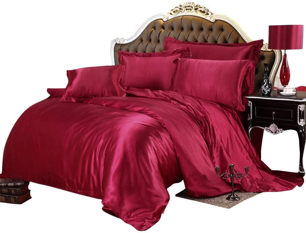 100% Pure Silk Sateen Sheet Set |7 Pcs|Fitted Sheet Fits Up to 15' Deep Pocket Mattress|Flat Sheet Fitted Sheet Duvet Pillowcase Set|Wrinkle Free Fade Resistant (Twin, Burgundy)