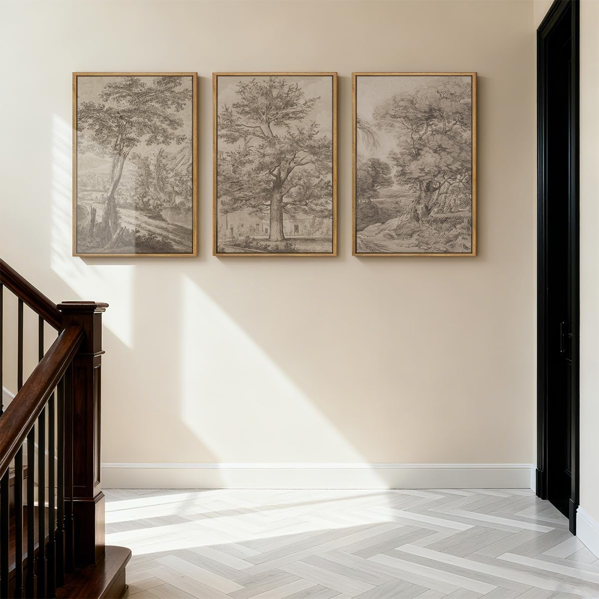 Extra Large Wall Art Framed Vintage Tree Sketch Antique Botanical Forest Prints Rustic Farmhouse Nature Decor for Living Room Bedroom Office 24'x36' Set of 3