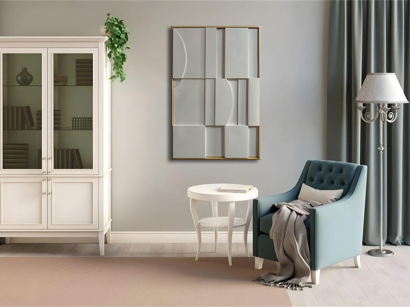 Slyart 3D White Textured Wall Art, Handmade Verical Abstract Relief Wall Art Framed Wall Decorations Artwork, Minimalist White Painting