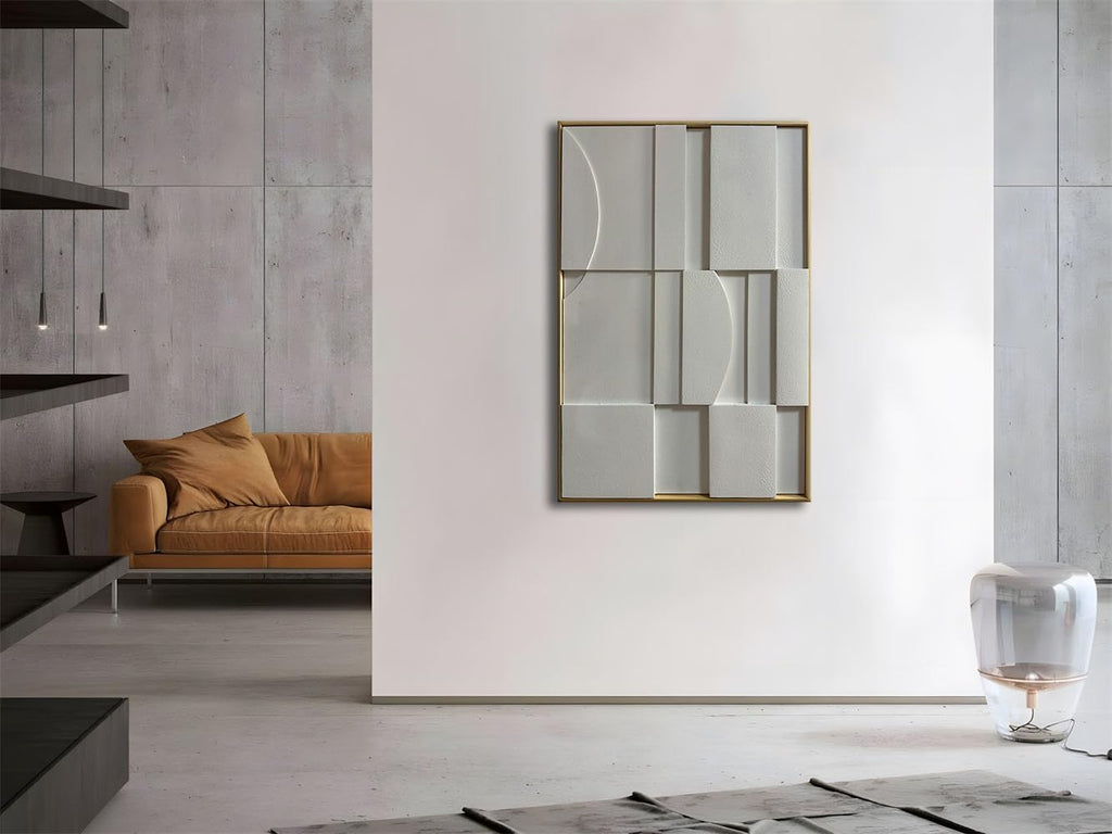 Slyart 3D White Textured Wall Art, Handmade Verical Abstract Relief Wall Art Framed Wall Decorations Artwork, Minimalist White Painting