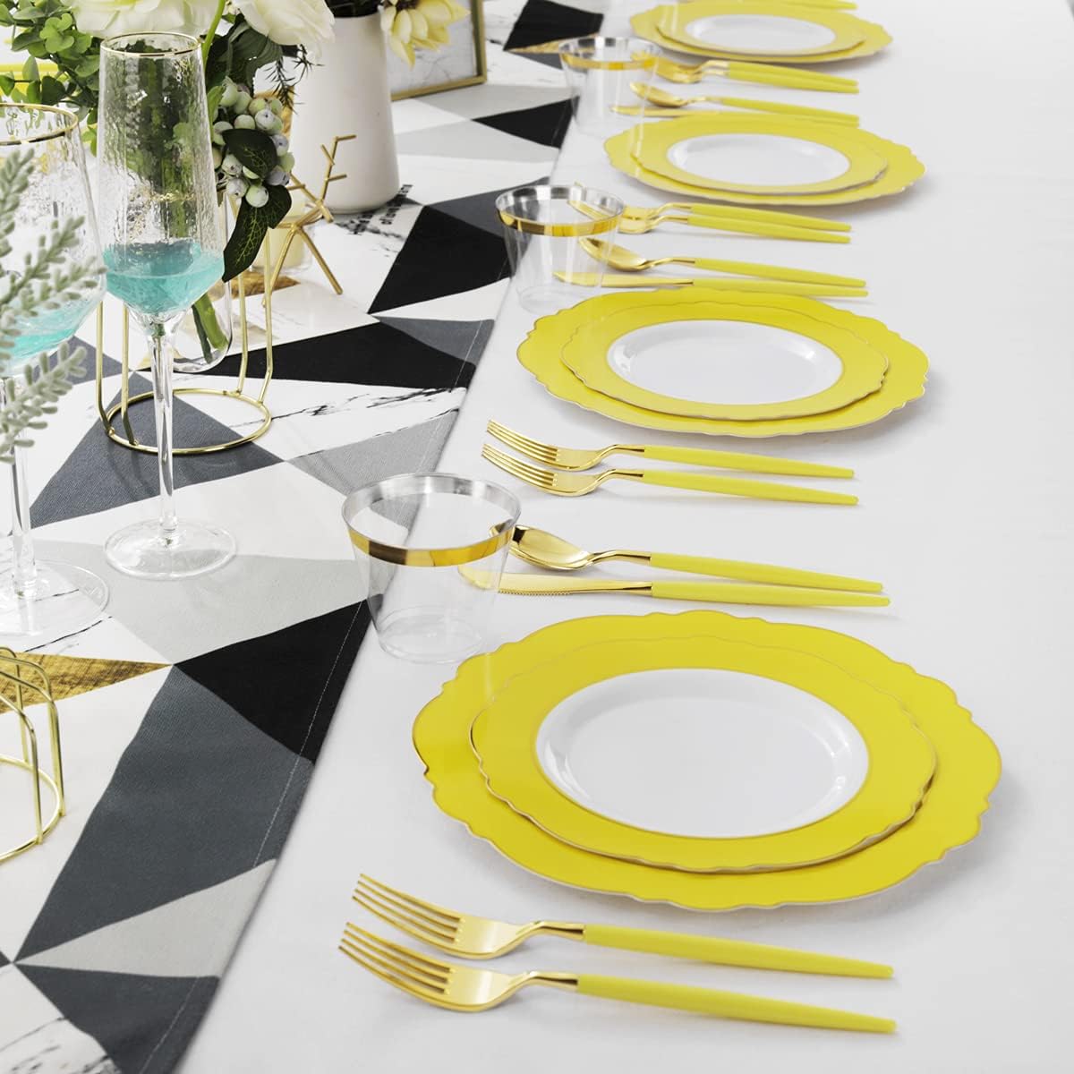 WDF 150pieces Yellow Disposable Dinnerware Hign-end Baroque Design - Sturdy&Durable Baroque Yellow Sunshine&Gold Plastic Dinnerware for Upscale Wedding & Thanksgiving Parties (Pack of 2)