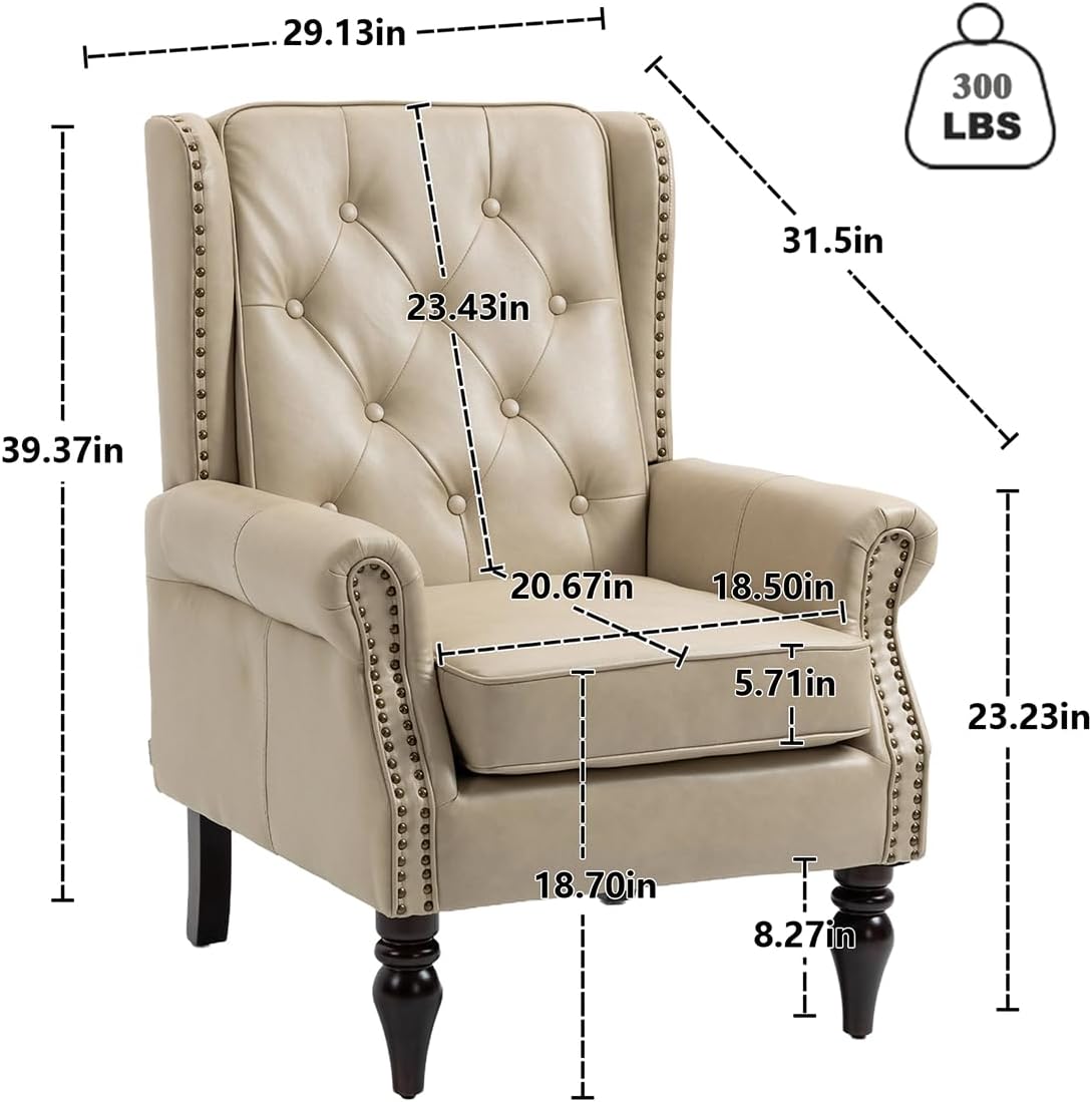 Mid-Century High Wingback Chair Set of 2,Faux Leather Accent Chair Armchair with Buttons,Modern Living Room Chairs with Rivet Decoration,Leisure Single Sofa Chair for Bedroom,Home Reception,Camel