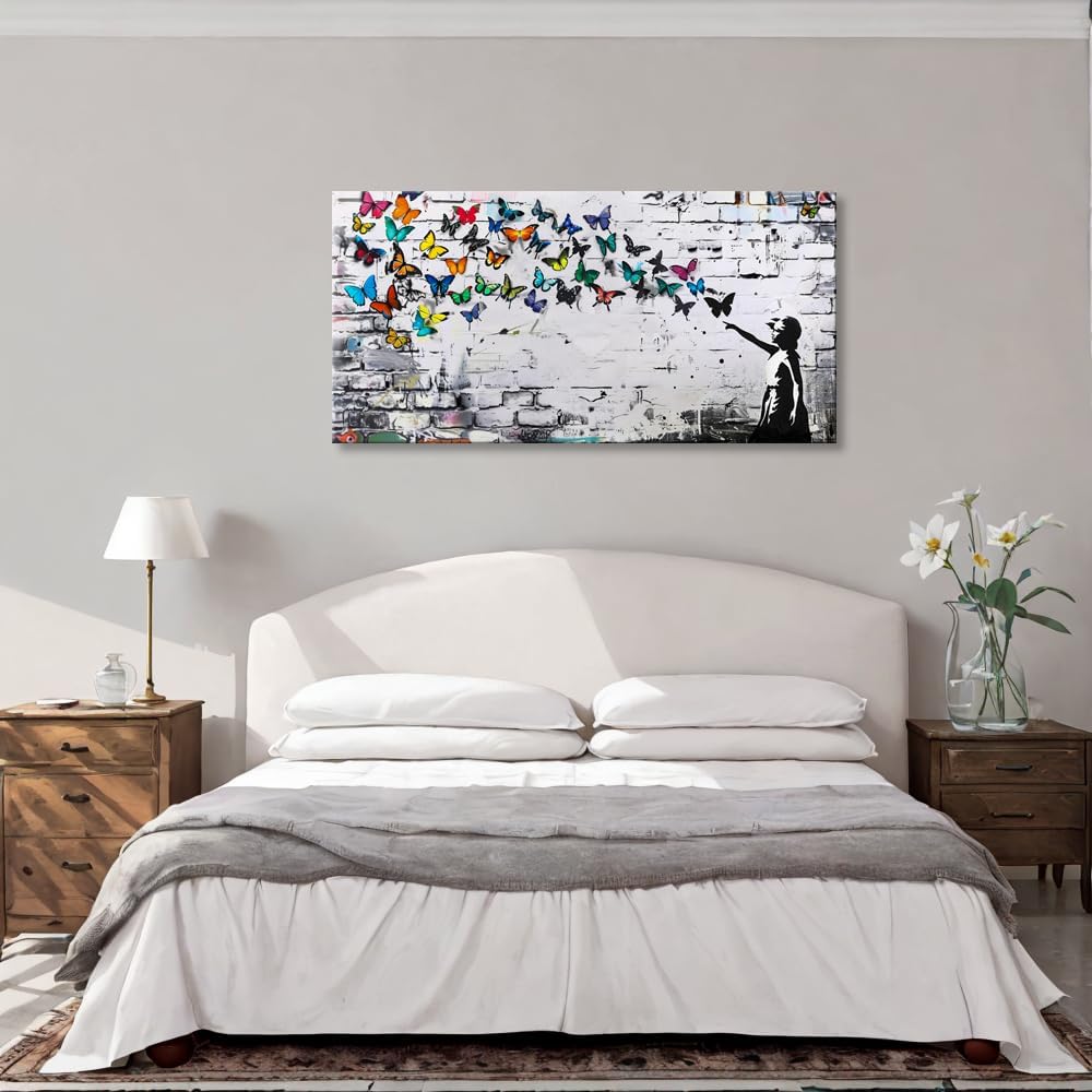 Colorful Graffiti Wall Art Funny Butterfly Paintings Banksy Street Art Mural Pop Art Home Office Wall Decor Framed Canvas Wall Decor for Living Room Ready to Hang - 71x36in