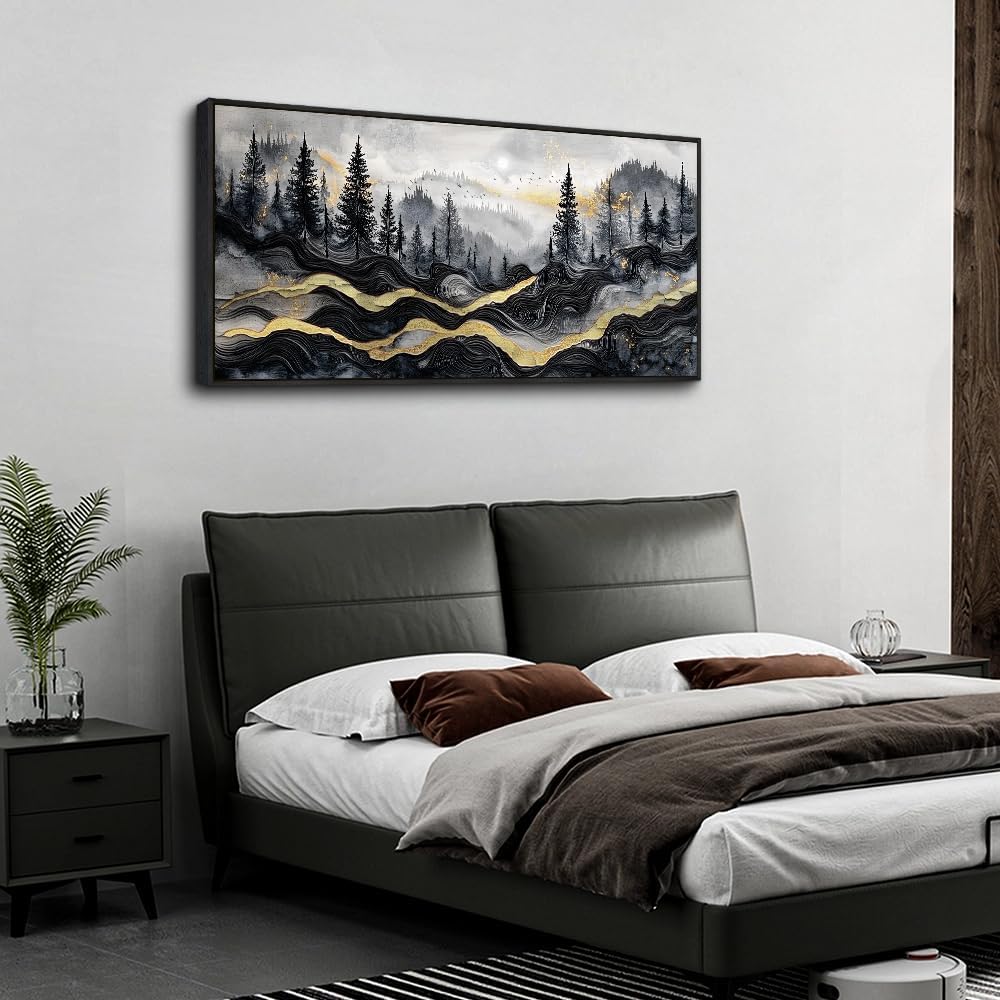 KELIYUAAN Large Canvas Wall Art For Living Room Black Framed Wall Decor For Bedroom Office Wall Decorations Prints Pictures Abstract Mountain Landscape Painting Home Decor Aesthetics 24'X48'