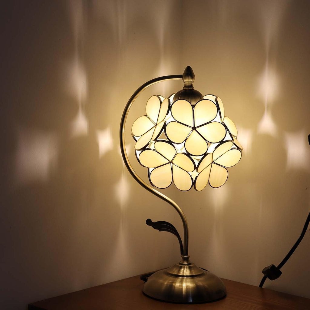 Bieye L10754 Tiffany Style Stained Glass Flower Petal Table Lamp with Brass Base for Home Décor (Cream, 8' Cherry Blossom)