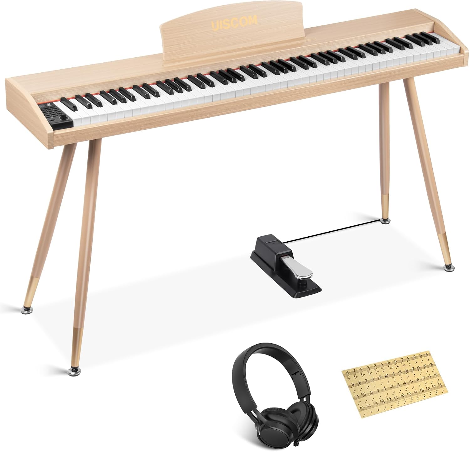 UISCOM Digital Piano Keyboard for Beginners, Full Size 88 Key Semi-Weighted Keyboard Electric Piano with Stand,Power Adapter,Sheet Music Stand,Pedal,Headphone,USB-MIDI Compatible,Wood Grain Apricot