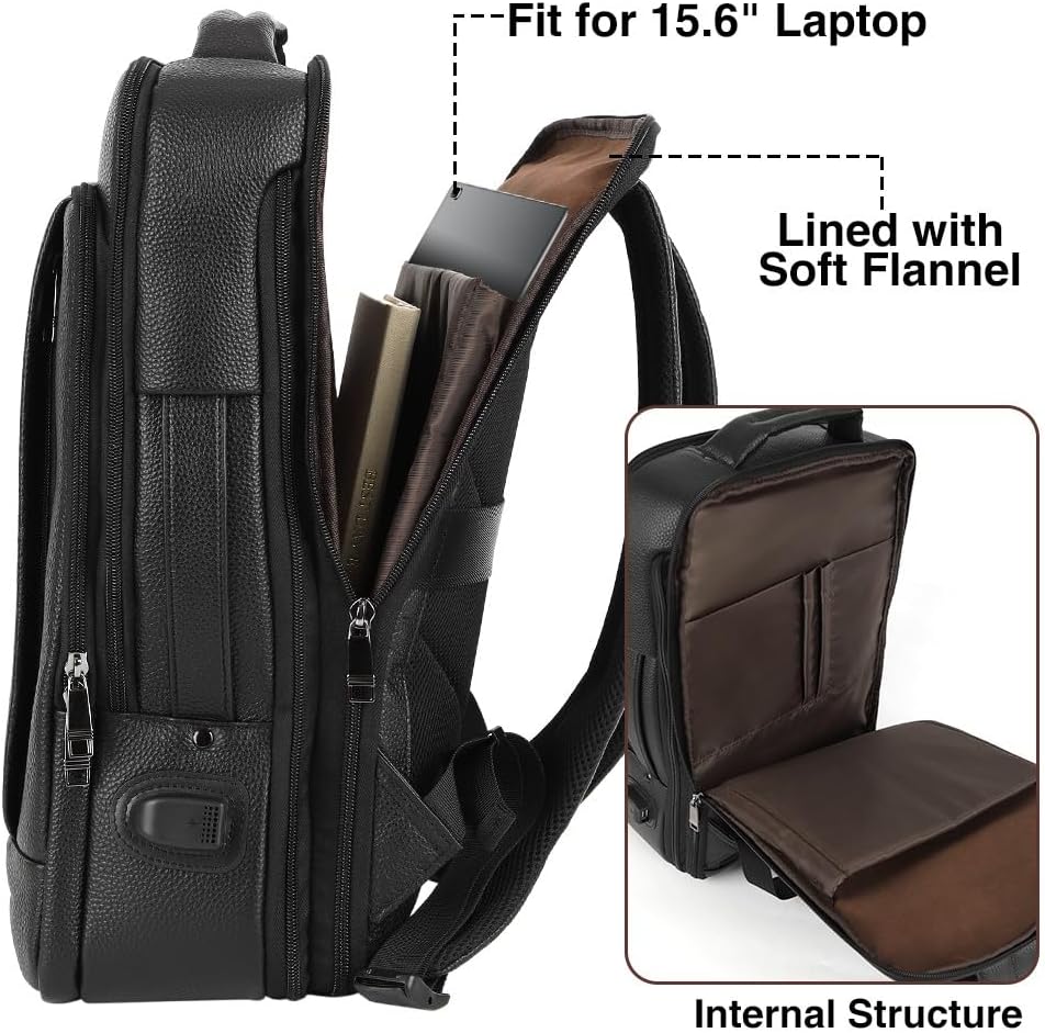 Full Grain Genuine Leather Backpack for Men Multi-Functional 15.6' Laptop Backpack with USB Charging, Black Convertible Business Travel Backpack Work Rucksack Daypack