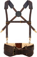 Tourbon Leather Construction Work Tool Belt with Suspenders for Men Faux Fleece Padded Heavy Duty Electrician's Combo Framing Carpenter Belts
