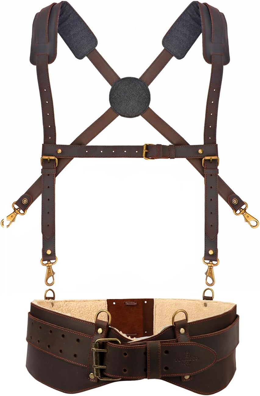 Tourbon Leather Construction Work Tool Belt with Suspenders for Men Faux Fleece Padded Heavy Duty Electrician's Combo Framing Carpenter Belts