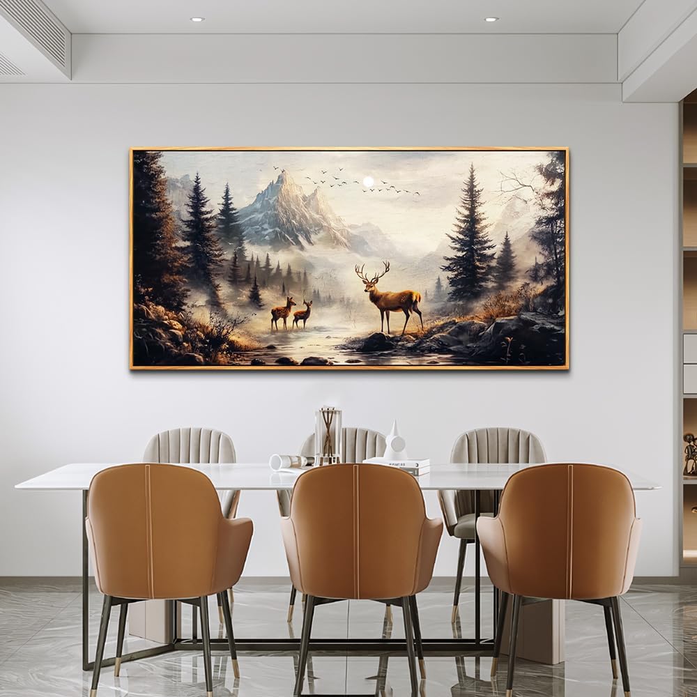 KELIYUAN Large Canvas Wall Decor For Living Room Wall Art For Bedroom Office Murals Landscape Painting Of Elk Mountain Wall Pictures Restaurant Room Modern Home Decoration Wood Framed 24'X48'