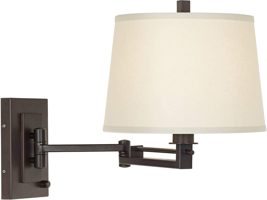 Franklin Iron Works Easley Modern Swing Arm Adjustable Wall Lamp with Cord Matte Bronze Brown Plug-in Light Fixture Dimmable Fabric Drum Shade for Bedroom Bedside Living Room Reading Kitchen