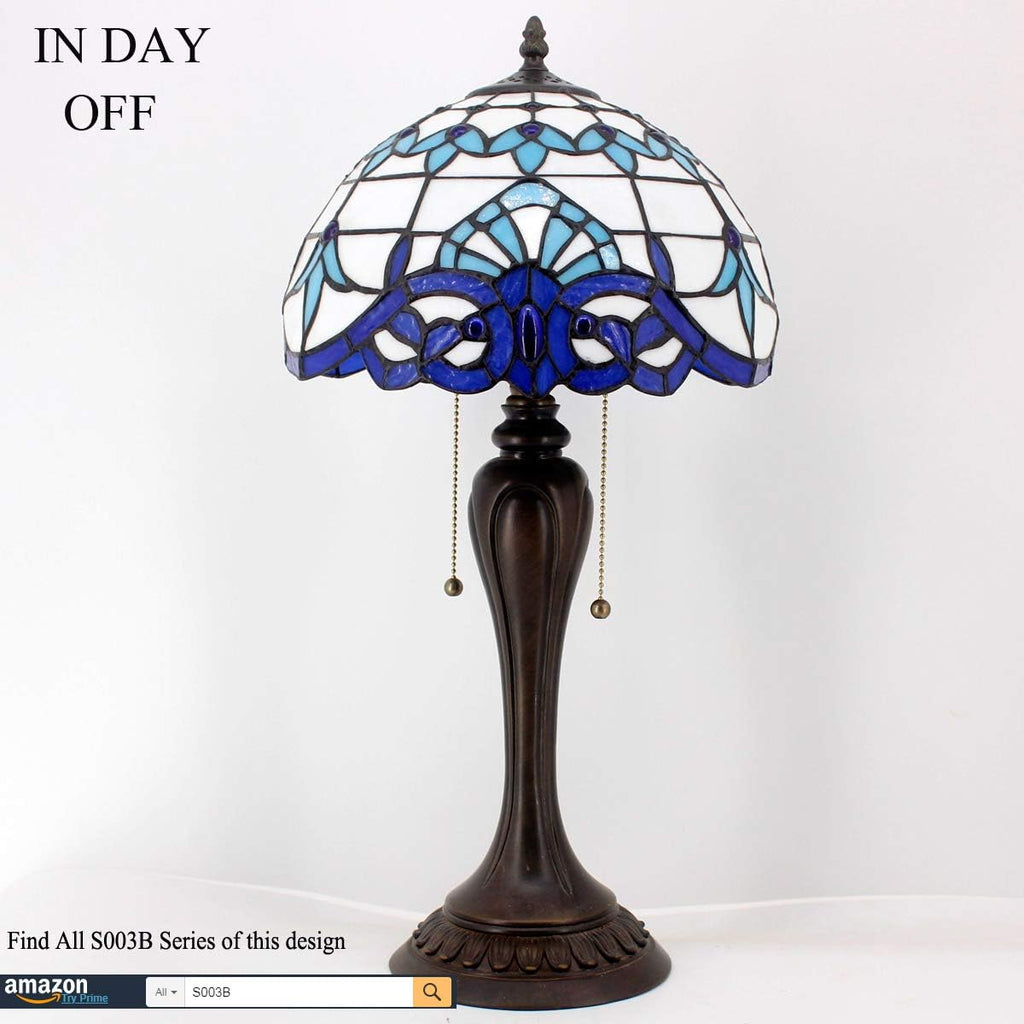WERFACTORY Tiffany Lamp White Navy Blue Baroque Stained Glass Bedside Table Lamp Desk Reading Light 12X12X22 Inches Decor Bedroom Living Room Home Office S003B Series