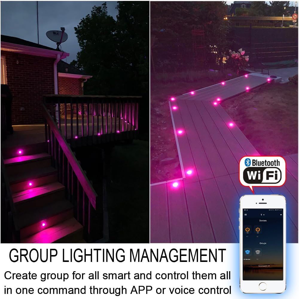 Sumaote Low Voltage LED Deck Lights, 30 Pack φ1.22 Smart WiFi RGBW Recessed Step & Stair Lighting Kit, IP67 Waterproof Outdoor for Under Deck & Walkway, Compatible with Alexa & Google Assistant