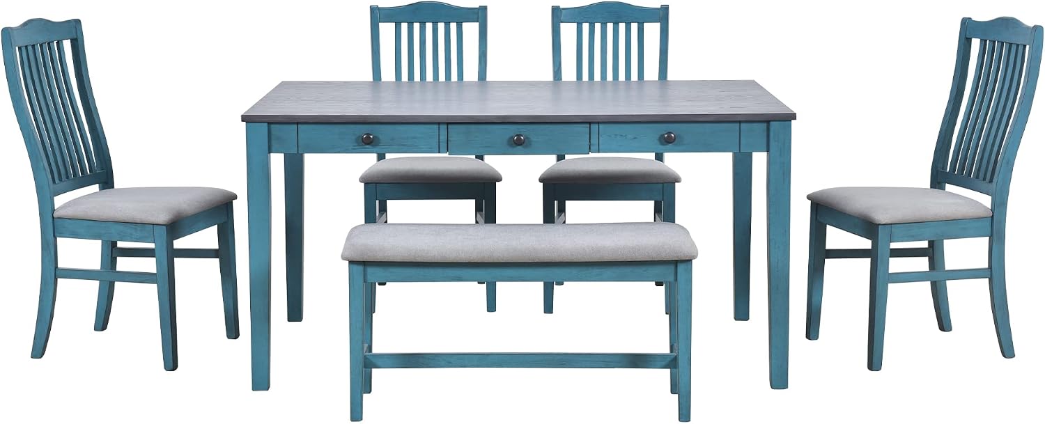 Compact 6-Piece Dining Table Set, Solid Wood Kitchen Dining Room Table Set with 4 Padded Ergonomic Chairs & Bench, 60'' Rectangular Table with Storage Drawer, Space-saving Design (Antique Blue-P)